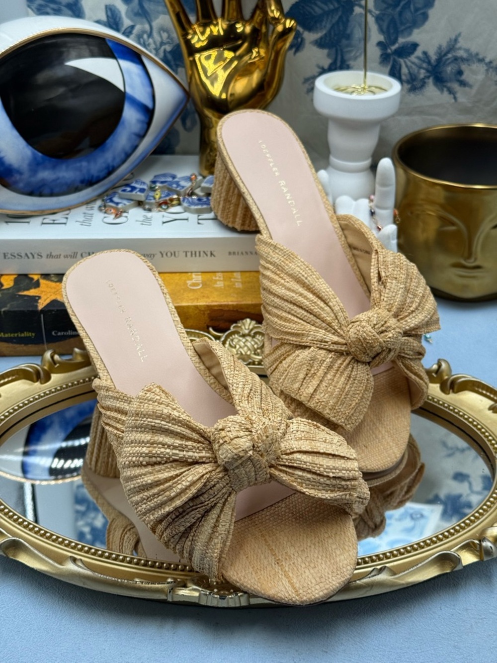 Loeffler Randall Tan Bow Knot Raffia Block Heel Mules - Picture 7 of 16